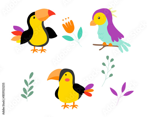 Cute Cartoon Tropical Birds and Foliage Collection