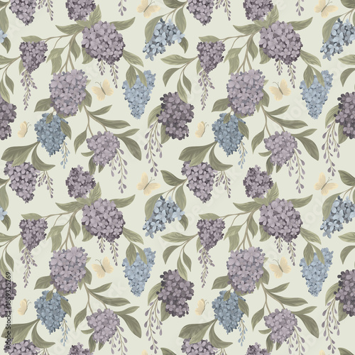 A seamless pattern with lilac branches and light butterflies. A realistic lilac branch with flowers and leaves on a light background.