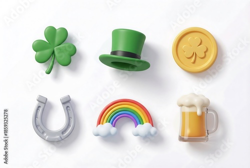 Saint Patricks Day celebration with various festive symbols like a shamrock, green hat, horseshoe, rainbow, coin, and beer mug for holiday decoration.