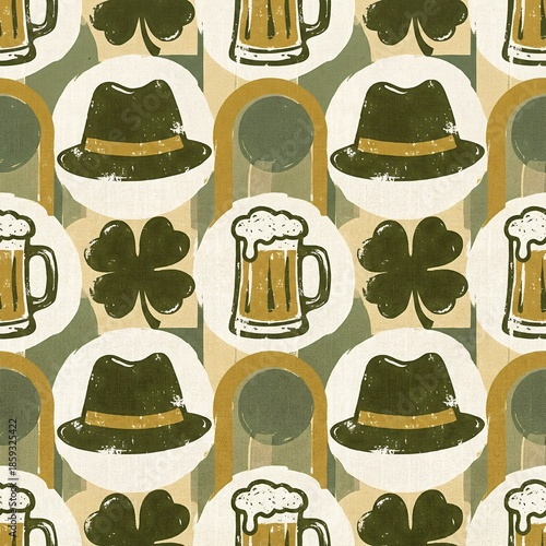 St. Patricks day seamless pattern with irish symbols like shamrock, hat, and beer mug. Traditional festive texture for fabric, wrapper, or backdrop.