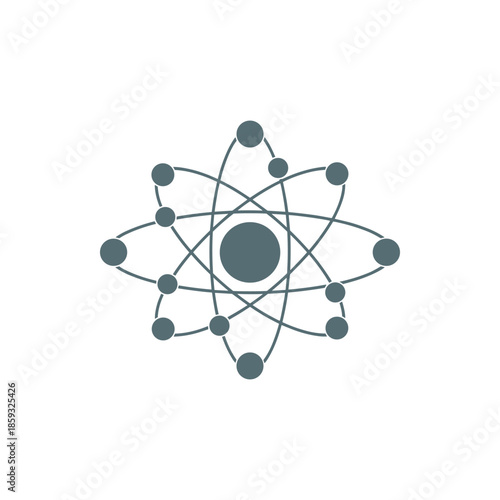 Minimalist grey atom structure icon symbolizing fundamental scientific principles, elementary particles, and the world of quantum physics for educational or technology-related visual applications
