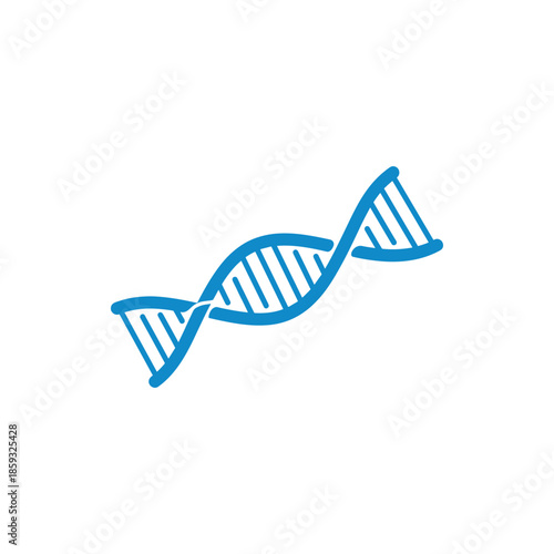 A stylized illustration of a blue DNA double helix structure against a white background, symbolizing genetics and molecular biology
