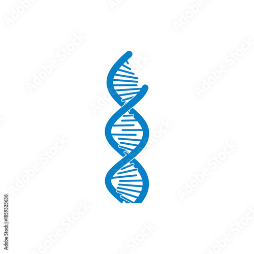 A stylized blue DNA double helix strand illustration on a white background, representing genetic science and biological research