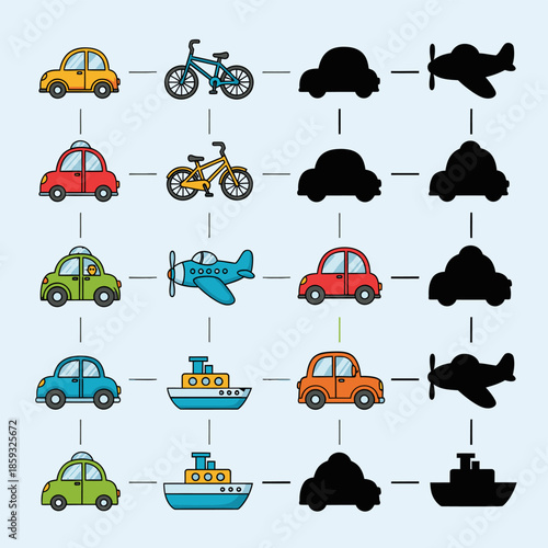 Transportation Matching Game with Cars Bikes Planes and Boats.