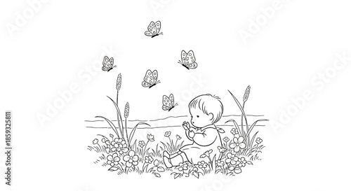 Enchanting Baby Surrounded by Butterflies in a Floral Meadow Line Art.