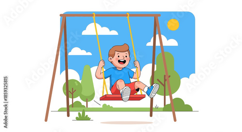 Joyful Boy Swinging on a Playground Swing Set.