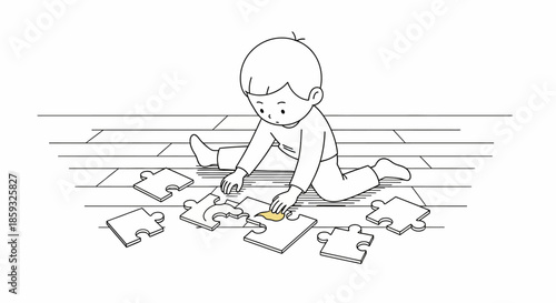 Child Engaged in Puzzle Play on Wooden Floor.