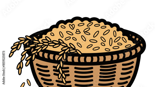 Wicker Basket Filled with Rice Grains.