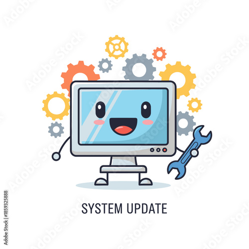 Cartoon Computer Character with Wrench for System Update.