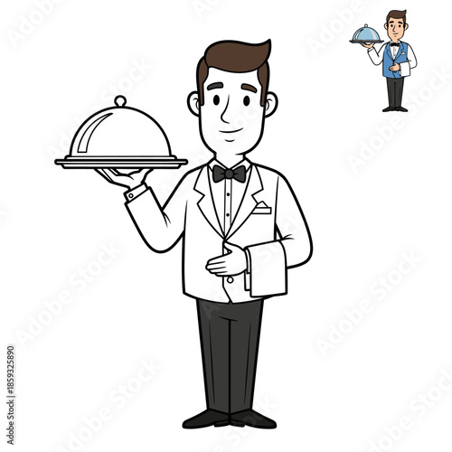 Elegant Waiter Illustration Holding a Covered Dish Ready to Serve.