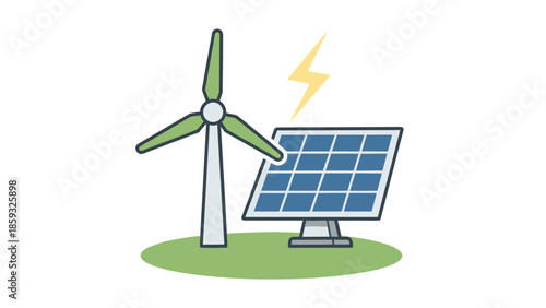 Wind Turbine and Solar Panel Illustration.