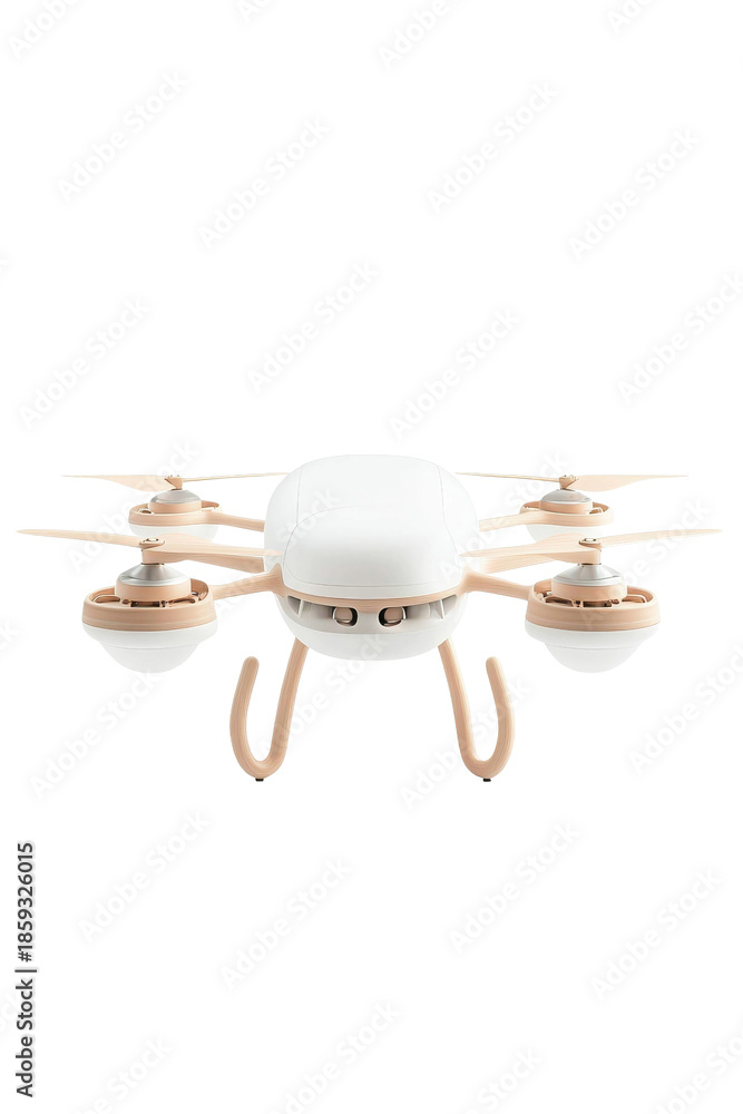 Fototapeta premium White and beige modern quadcopter drone with four propellers and landing gear isolated on transparent background a contemporary aerial device