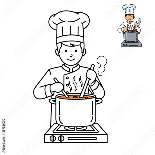 Chef stirring a pot on the stove wearing a tall chefs hat.