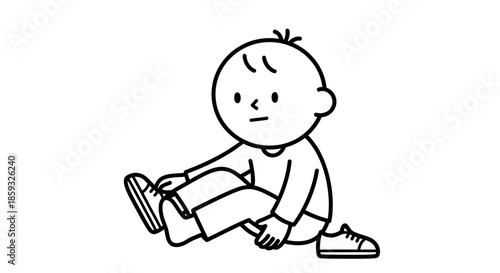 Cartoon illustration of a child sitting and putting on shoes.