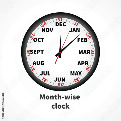 Month-wise clock, world clock illsutration on white background