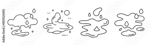 Set of simple hand-drawn water splashes and puddles doodle icons in outline style