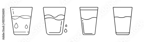 Line art illustration depicting various water levels in four simple glasses, symbolizing hydration