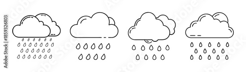 A collection of simple line art icons depicting various rain clouds and falling raindrops