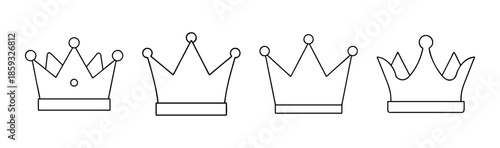 Set of four simple line art crown outlines depicting royalty and celebration in minimalistic style