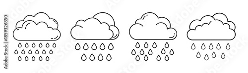 Simple line art icons illustrating different cloud formations with falling rain