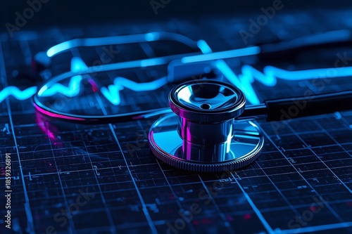 A stethoscope lies on an electrocardiogram printout in a dark room with blue lighting