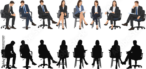 Business professionals sitting on office chairs, corporate people in discussion poses, silhouette set included, vector illustration for workplace and meeting concepts