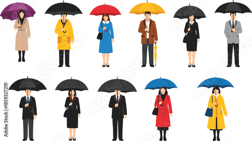 Diverse men and women standing with umbrellas, rainy weather concept, business and casual clothing, vector illustration, modern flat design artwork