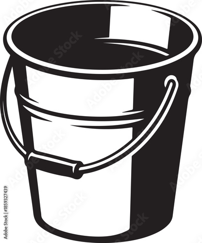 A set of vector illustrations featuring a cartoon metal bucket of water, a plastic bucket and spade, and a blue paint container icon for equipment design