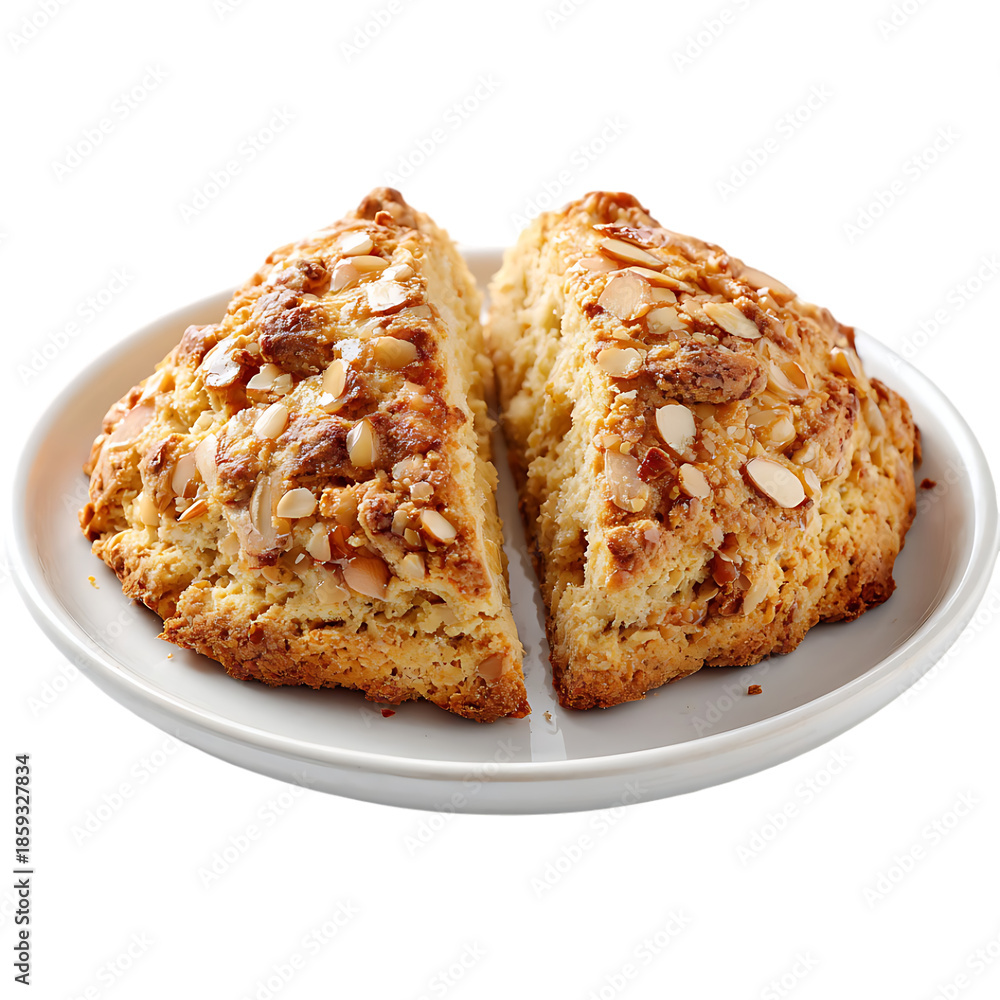 Fototapeta premium Almond scone split open revealing nutty interior crumb