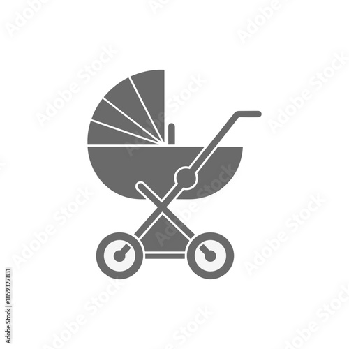 A minimalist gray icon of a baby stroller or pram, symbolizing transportation for infants and toddlers, perfect for parenting and child care themes