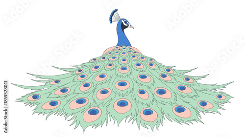 A vibrant, elegant peacock displays its magnificent, fanned tail feathers, showcasing beautiful iridescent patterns and intricate details.