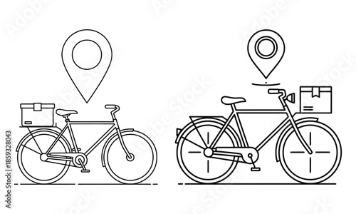 Delivery bicycles with location pins symbolizing transport and logistics