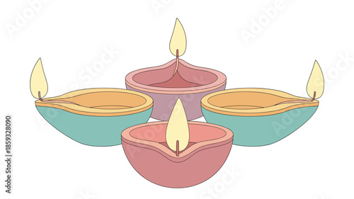 A vibrant illustration showcases a beautiful arrangement of four colorful lit Diwali oil lamps, symbolizing light over darkness and hope.