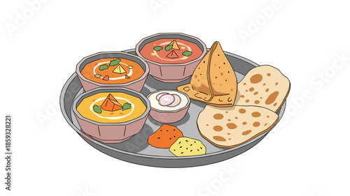 A vibrant illustration of a traditional Indian thali featuring various curries, samosa, naan bread, and condiments on a round platter.