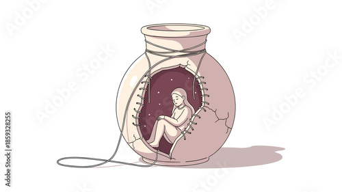 A solitary woman sits curled inside a broken, mended ceramic pot, symbolizing feelings of confinement, healing, and personal struggle.