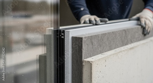 Detailed view of thermal insulation layer integration behind vacuumglazed prefab façade panel during building envelope construction.