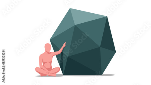 A serene figure in a meditative pose gently touches a large, multifaceted geometric stone, symbolizing balance and inner strength.