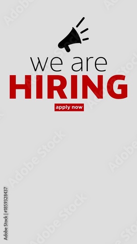 we are hiring with a silver background and red and black writing with text animation