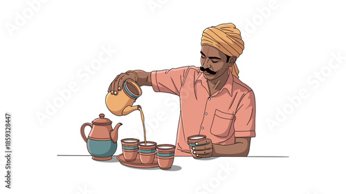 A traditional Indian chai wallah, wearing a vibrant turban, expertly pours hot tea into small clay cups, illustrating a common street scene.