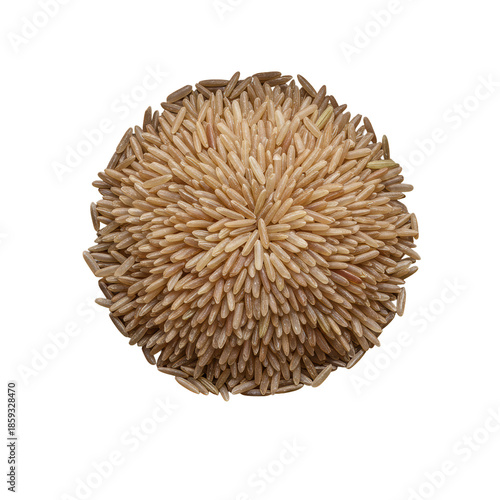 Rustic acacia wood bowl with prominent grain, mounded with dry brown basmati rice on a high-key white studio background with copy space, top-down. Concept of natural bounty and wholesomeness