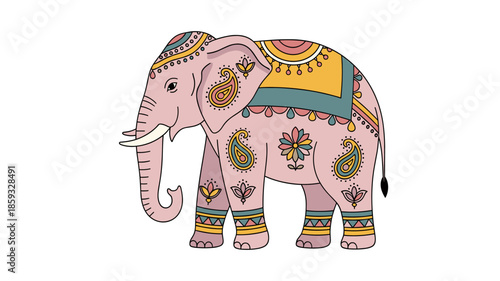 A beautifully adorned pink elephant with intricate Indian-inspired patterns, symbolizing good luck and cultural richness on a white background.