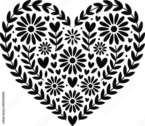 Black and white floral heart pattern with flowers and leaves