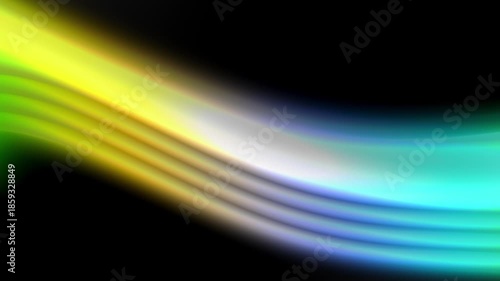 An animation loop of bands of light sweeping diagonally over a black background, shifting from lime and gold to cool cyan and blue, forming glowing and flowing currents of layered waves