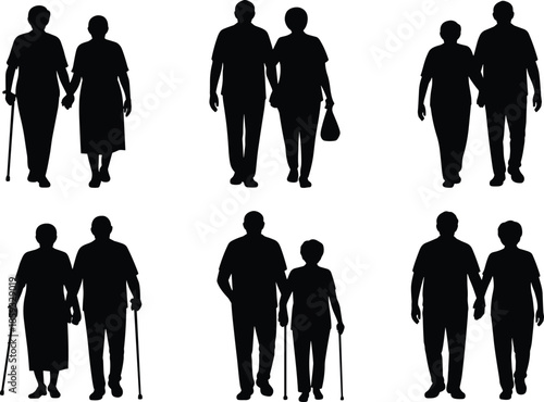 Silhouettes of Elderly Couples Holding Hands and Using Walking Aids