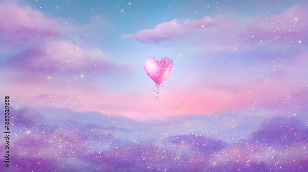 Obraz premium Whimsical pink heart balloon floats above a dreamy fantasy landscape bathed in pastel light