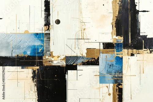 A painting with splatters of blue and gold