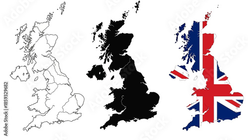 United Kingdom map vector illustrations. Three styles outline, black silhouette, and patriotic fill with the British national flag. Perfect for design projects