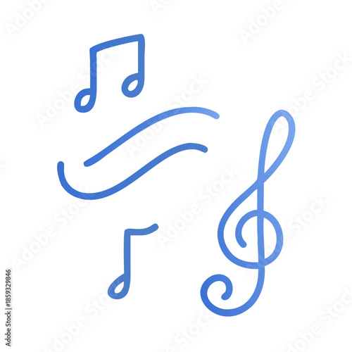 Musical notes and symbols in blue color on transparent background
