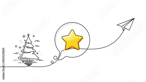 A whimsical illustration depicting a holiday tree, a shining star within a speech bubble, and a paper airplane symbolizing aspiration and achievement