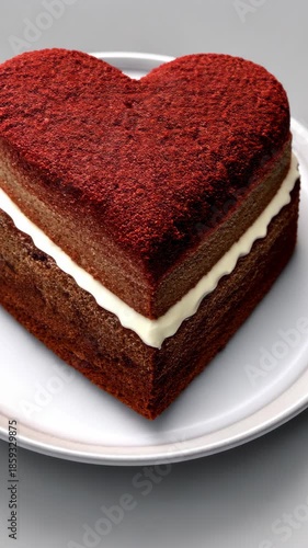 Heart shaped cake sits on a plate with white cream filling, perfect for celebrations or special occasions at home or in a cafe setting